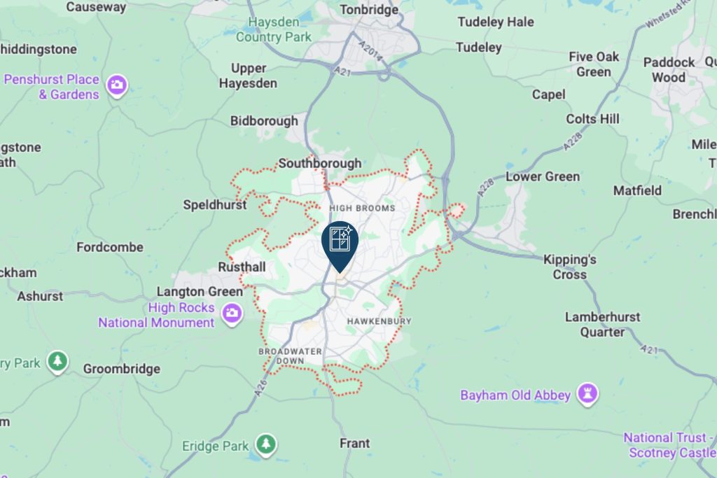 A map of Tunbridge Wells with our window cleaning logo pinned to the centre of it