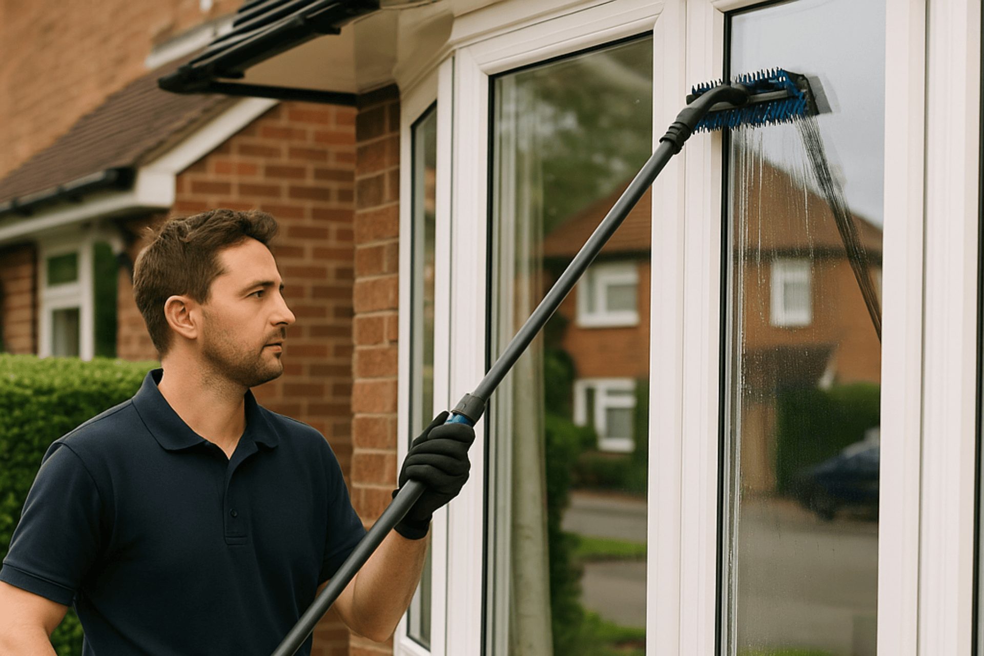 A local window cleaner uses a water-fed pole to clean a bay window on a brick house in Tunbridge Wells