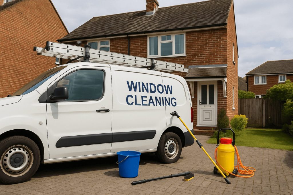 A mobile window cleaner in Tunbridge Wells with a white van and water-fed pole equipment parked outside a red-brick home