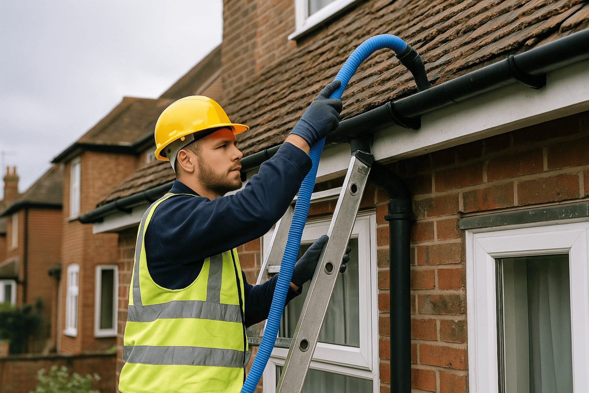 A professional roof gutter cleaner wearing safety gear uses a vacuum system to clear gutters on a red-brick house in Tunbridge Wells