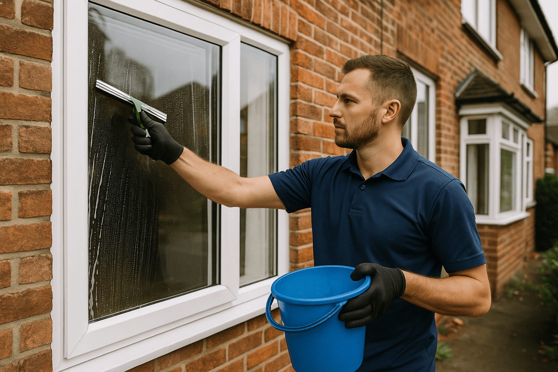 A professional window cleaner in Tunbridge Wells uses a squeegee and bucket to clean a ground-floor window on a brick house